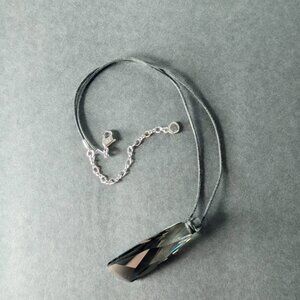 Swarovski Vintage Smoky Black Crystal Pendant  Necklace with Leather Cord